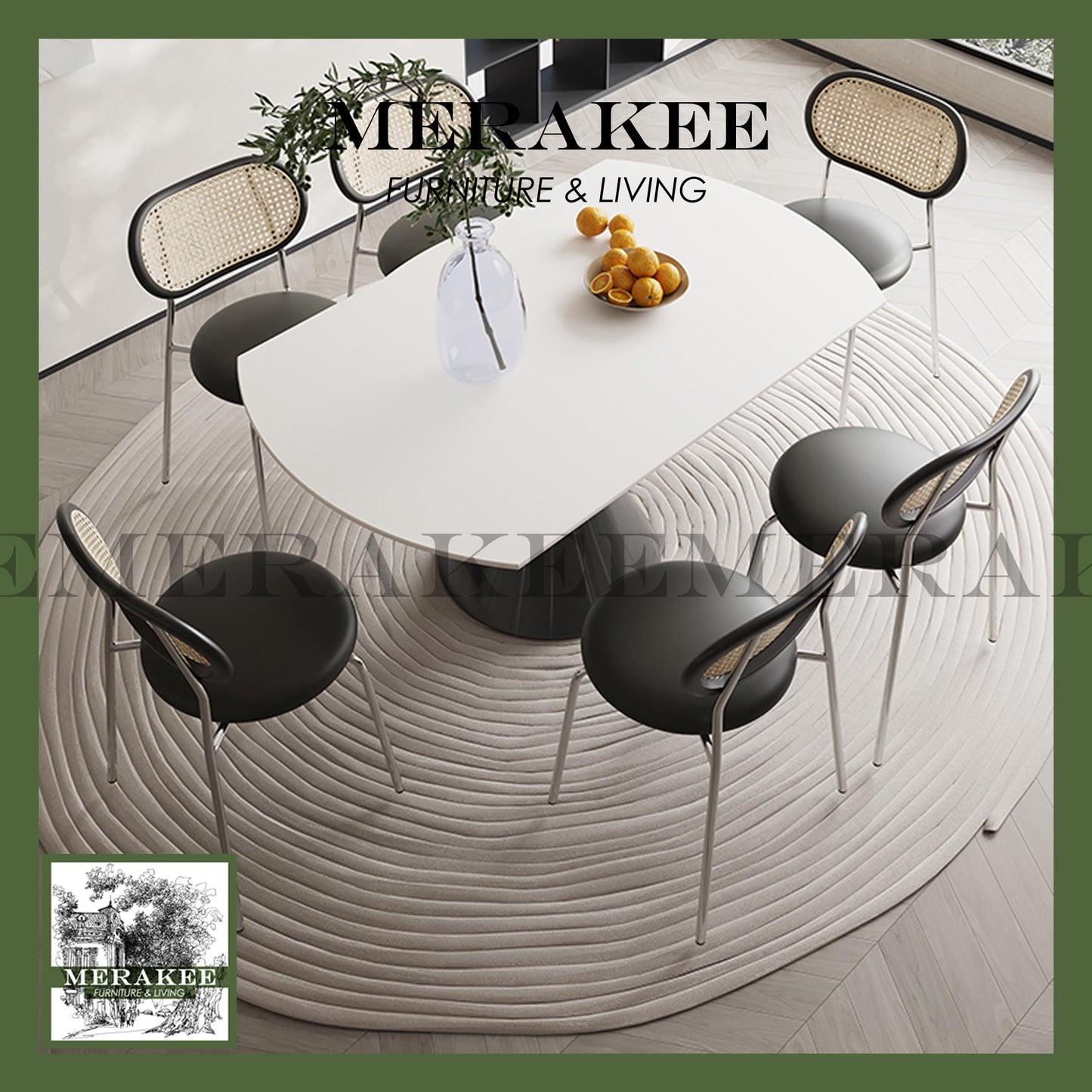 MERAKEE Customized Extendable Turning Round Marble Like Sintered Stone Dining Table Black White Dining Room Furniture F30