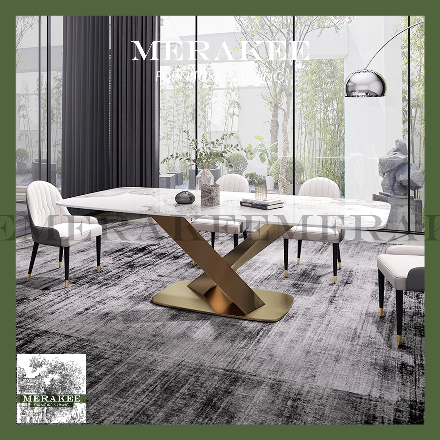 MERAKEE Customized Marble Like Sintered Stone Dining Table Dining Room Furniture Gold/Black Stand F002