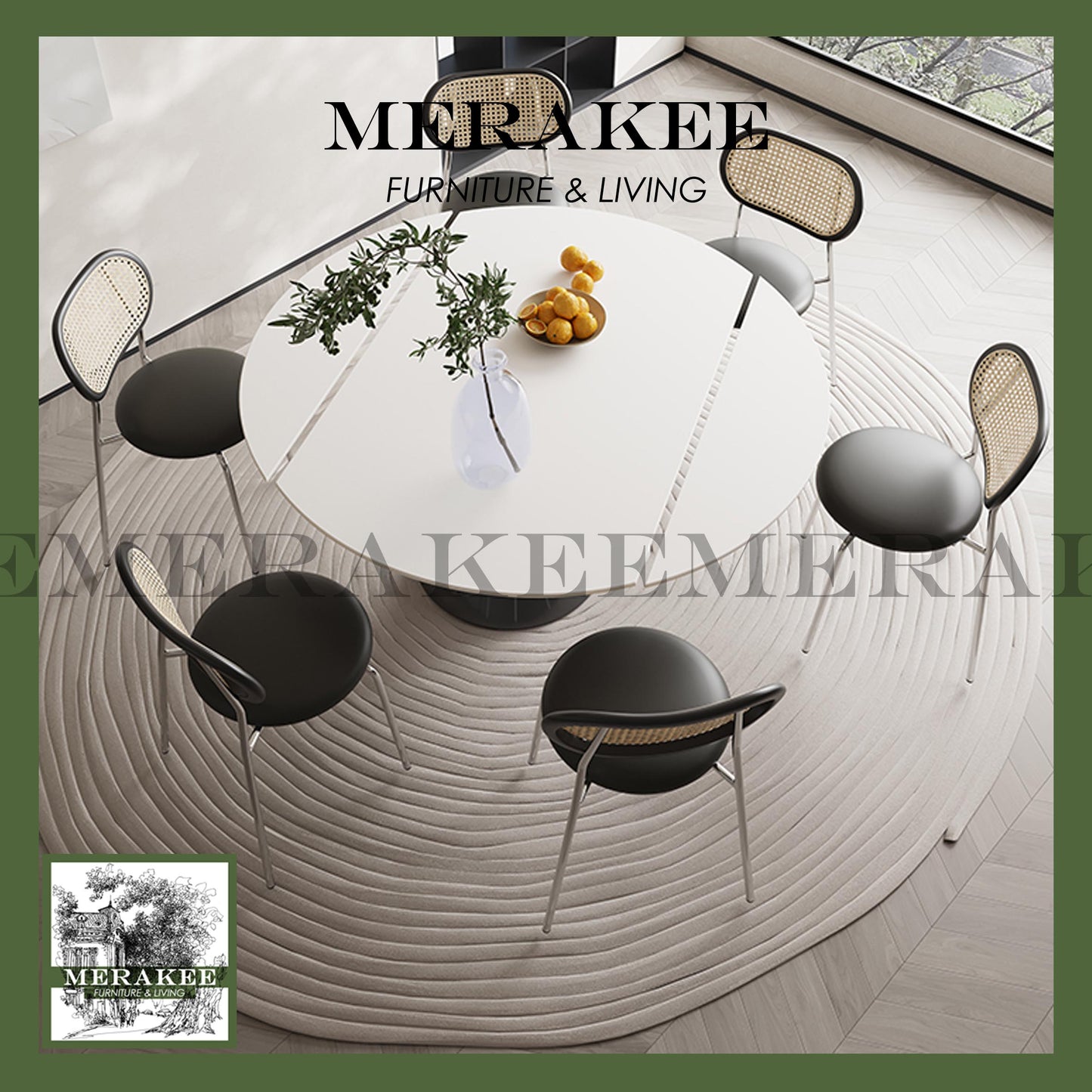 MERAKEE Customized Extendable Turning Round Marble Like Sintered Stone Dining Table Black White Dining Room Furniture F30