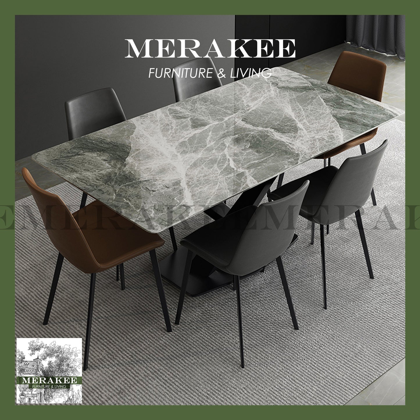 MERAKEE Customized Marble Like Sintered Stone Dining Table Dining Room Furniture Gold/Black Stand F002