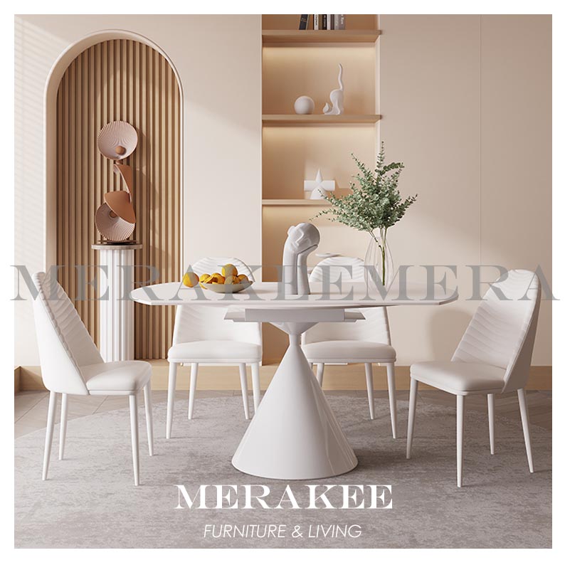 MERAKEE Customized Extendable Turning Round Marble Like Sintered Stone Dining Table Black White Dining Room Furniture F30