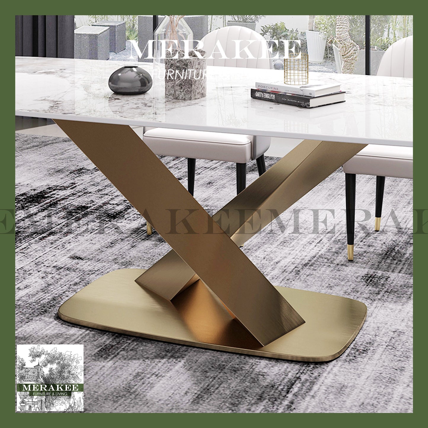 MERAKEE Customized Marble Like Sintered Stone Dining Table Dining Room Furniture Gold/Black Stand F002