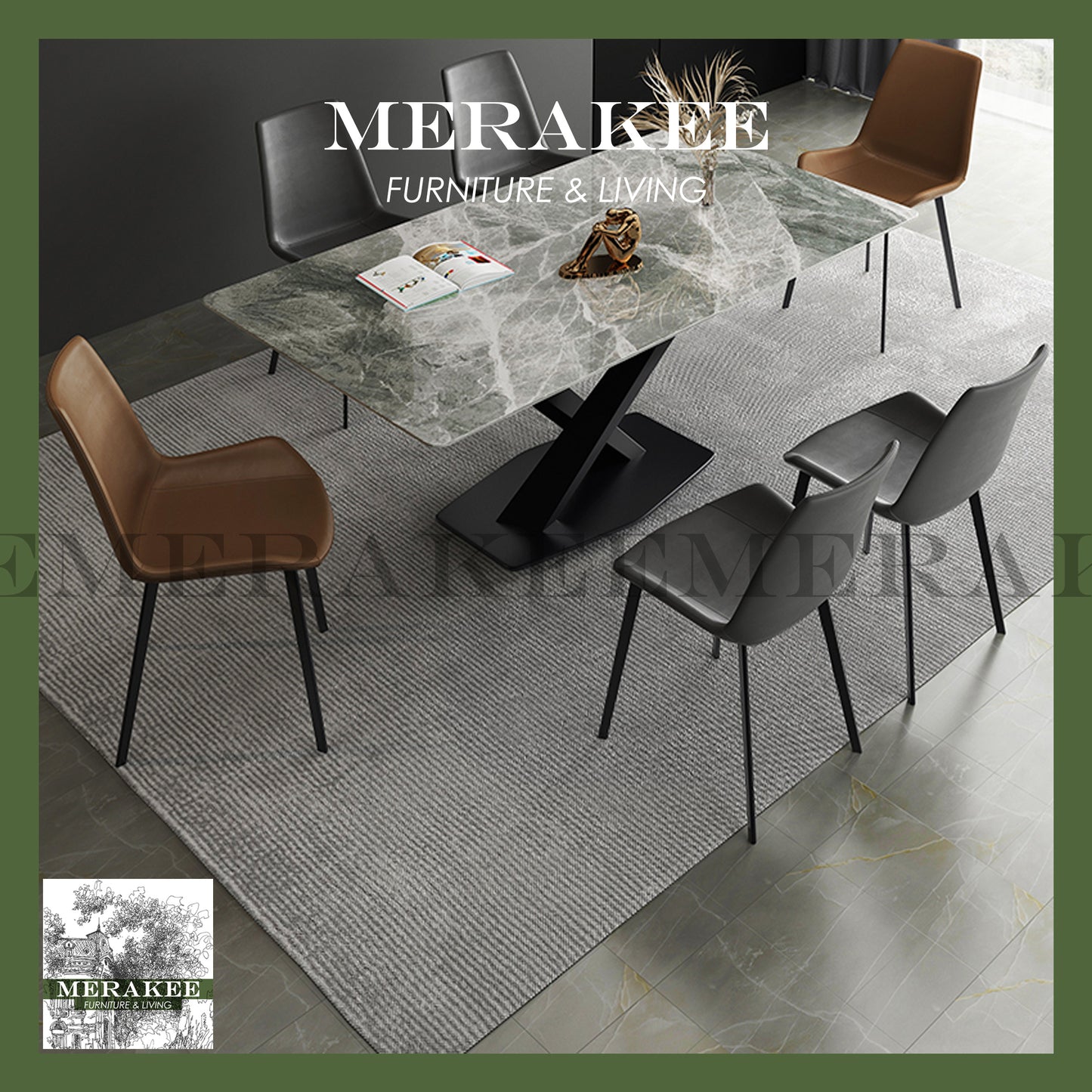 MERAKEE Customized Marble Like Sintered Stone Dining Table Dining Room Furniture Gold/Black Stand F002