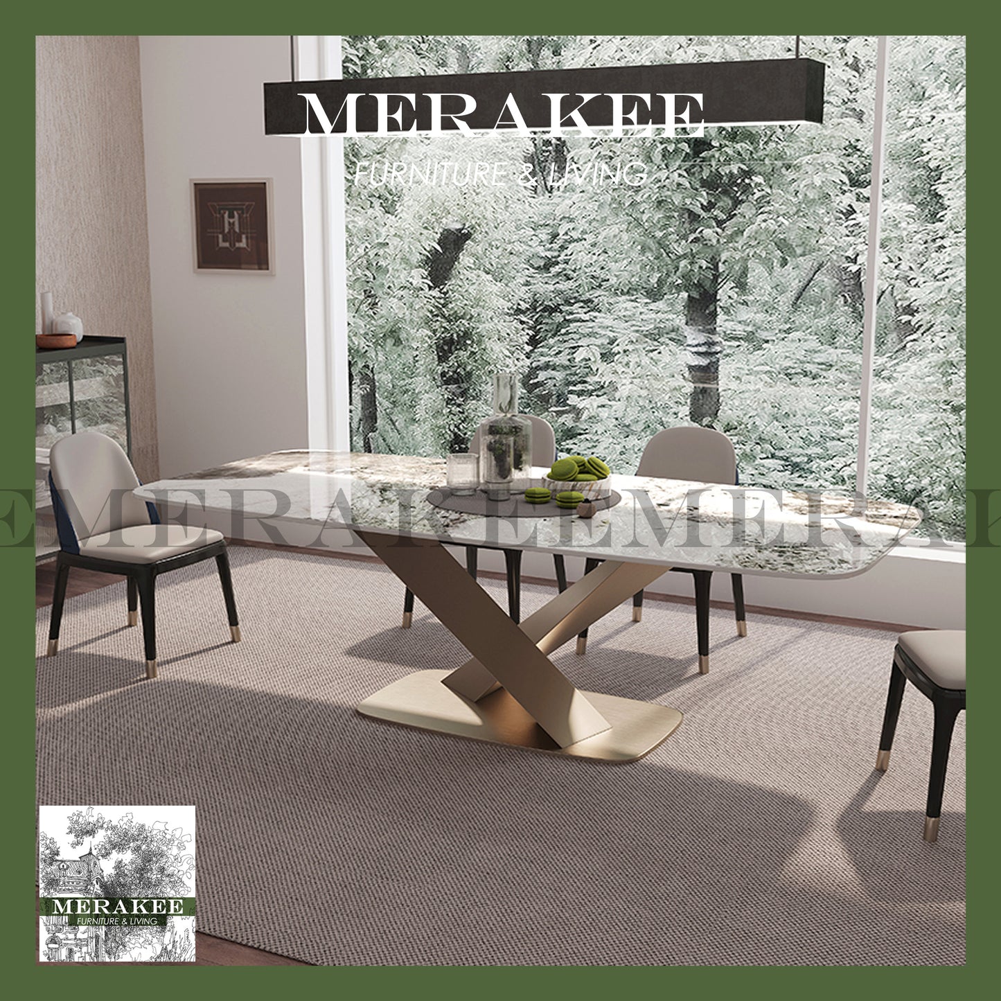 MERAKEE Customized Marble Like Sintered Stone Dining Table Dining Room Furniture Gold/Black Stand F002