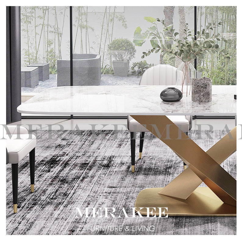MERAKEE Customized Marble Like Sintered Stone Dining Table Dining Room Furniture Gold/Black Stand F002