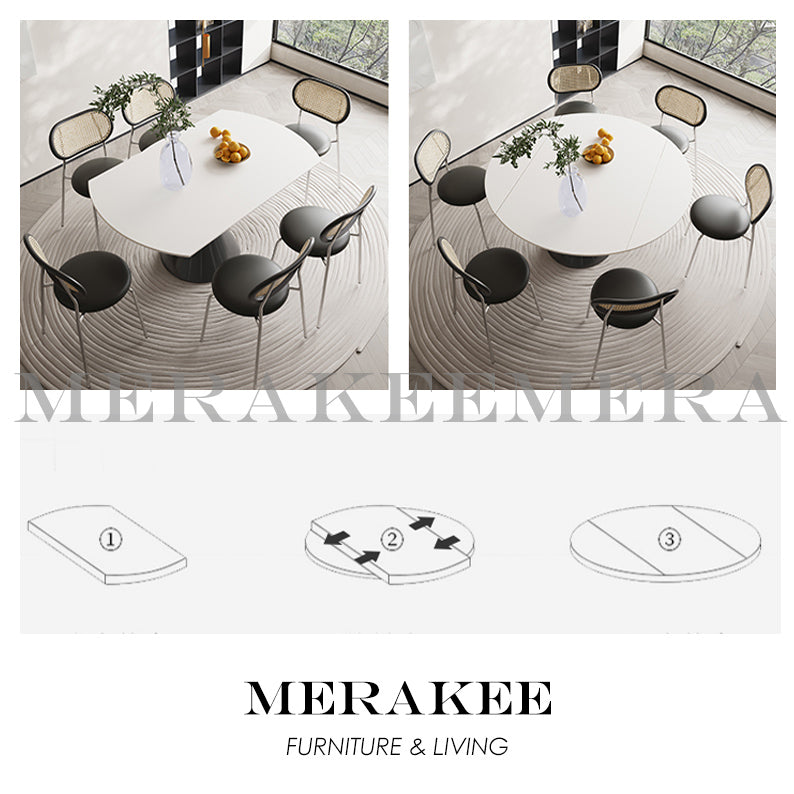 MERAKEE Customized Extendable Turning Round Marble Like Sintered Stone Dining Table Black White Dining Room Furniture F30