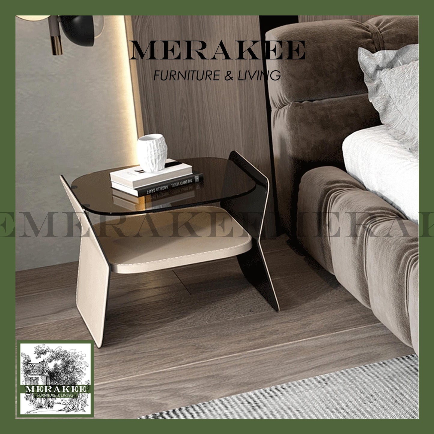 MERAKEE Bedside Table Solid Wood Cabinet Tempered Glass Saddle Leather Bedroom Furniture M643