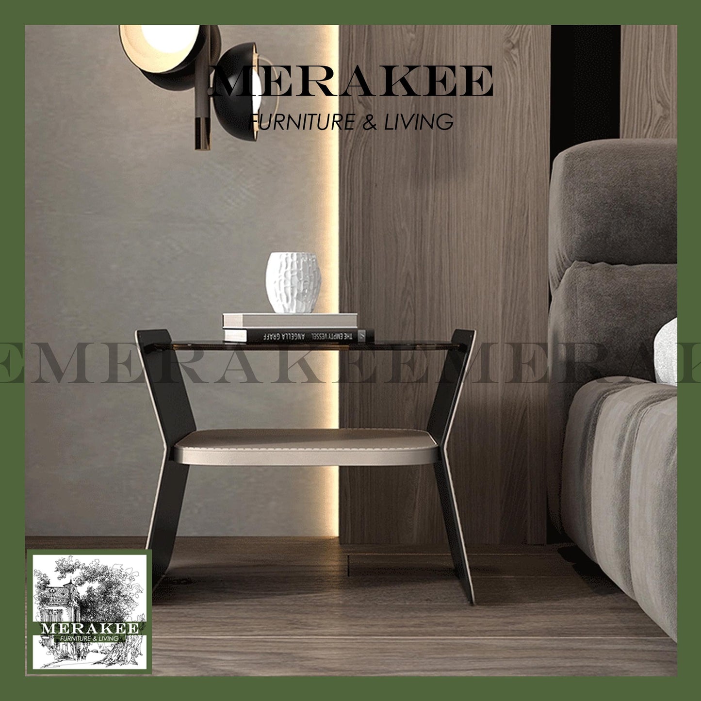 MERAKEE Bedside Table Solid Wood Cabinet Tempered Glass Saddle Leather Bedroom Furniture M643