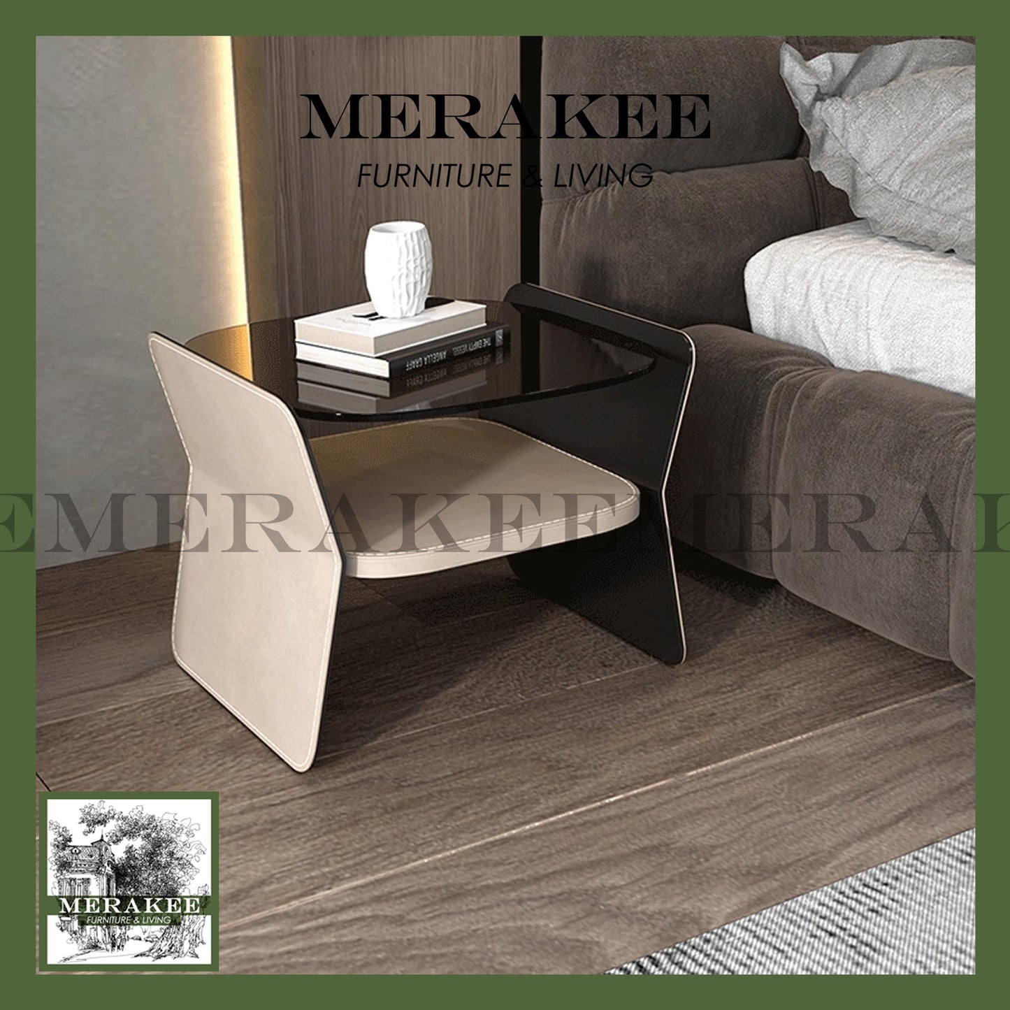MERAKEE Bedside Table Solid Wood Cabinet Tempered Glass Saddle Leather Bedroom Furniture M643