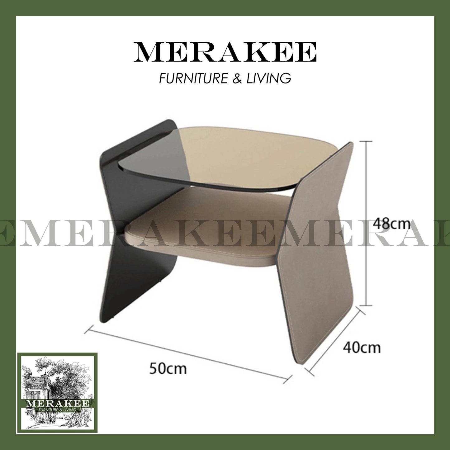 MERAKEE Bedside Table Solid Wood Cabinet Tempered Glass Saddle Leather Bedroom Furniture M643