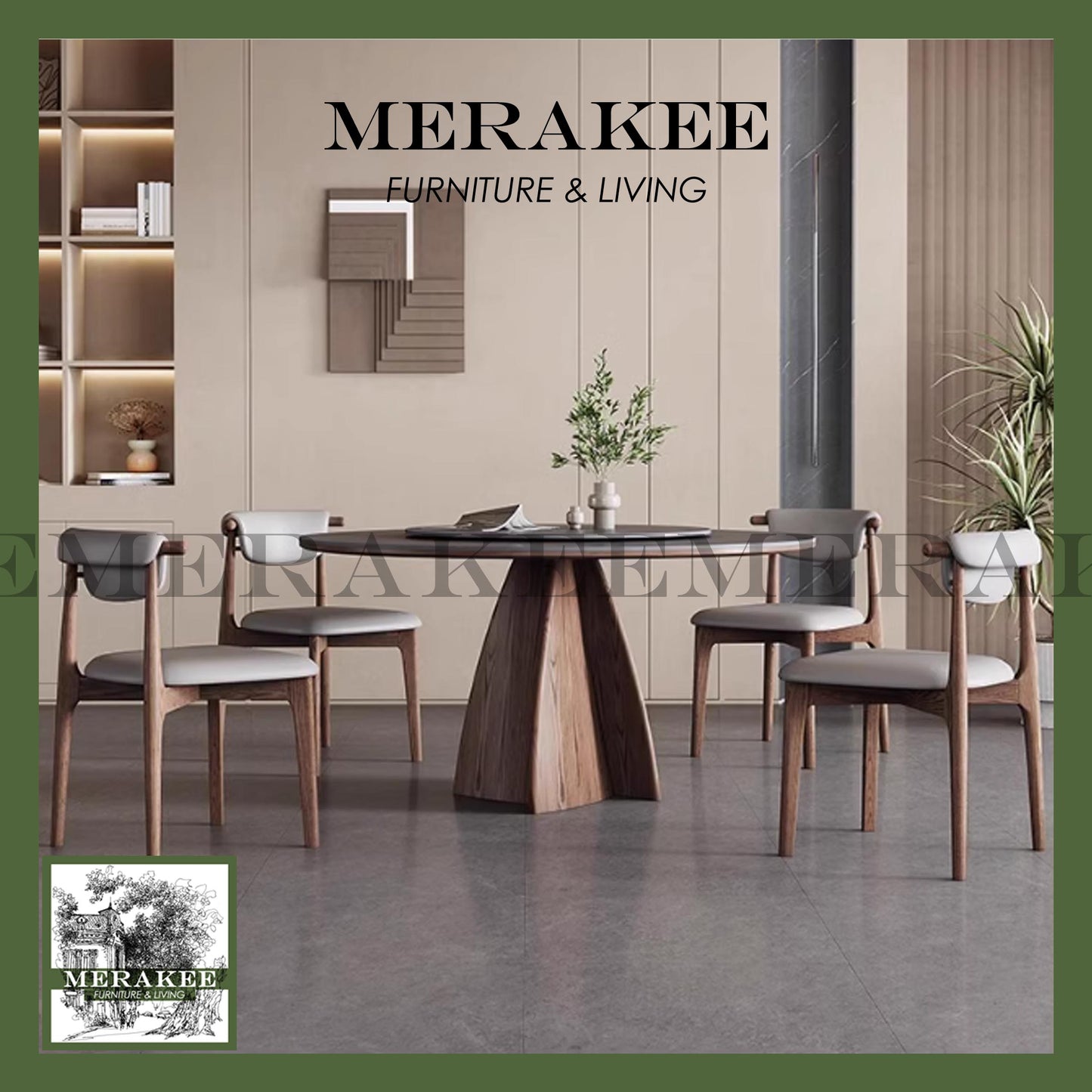MERAKEE Customized Marble Like Sintered Stone Round With Lazy Susan Solid Ashwood Leg Dining Table Dining Room Furniture AW18