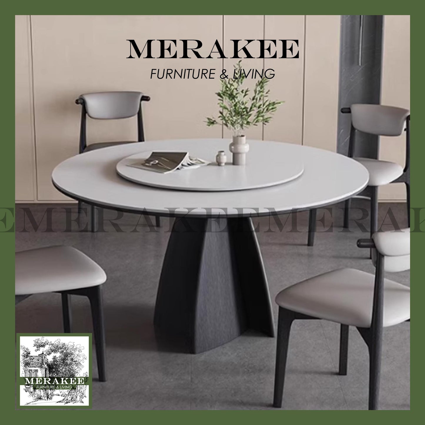 MERAKEE Customized Marble Like Sintered Stone Round With Lazy Susan Solid Ashwood Leg Dining Table Dining Room Furniture AW18
