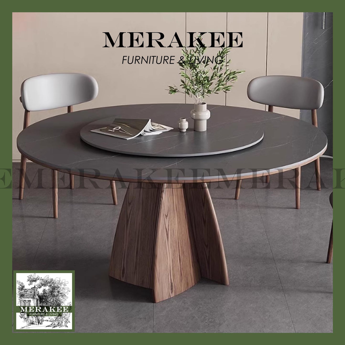 MERAKEE Customized Marble Like Sintered Stone Round With Lazy Susan Solid Ashwood Leg Dining Table Dining Room Furniture AW18
