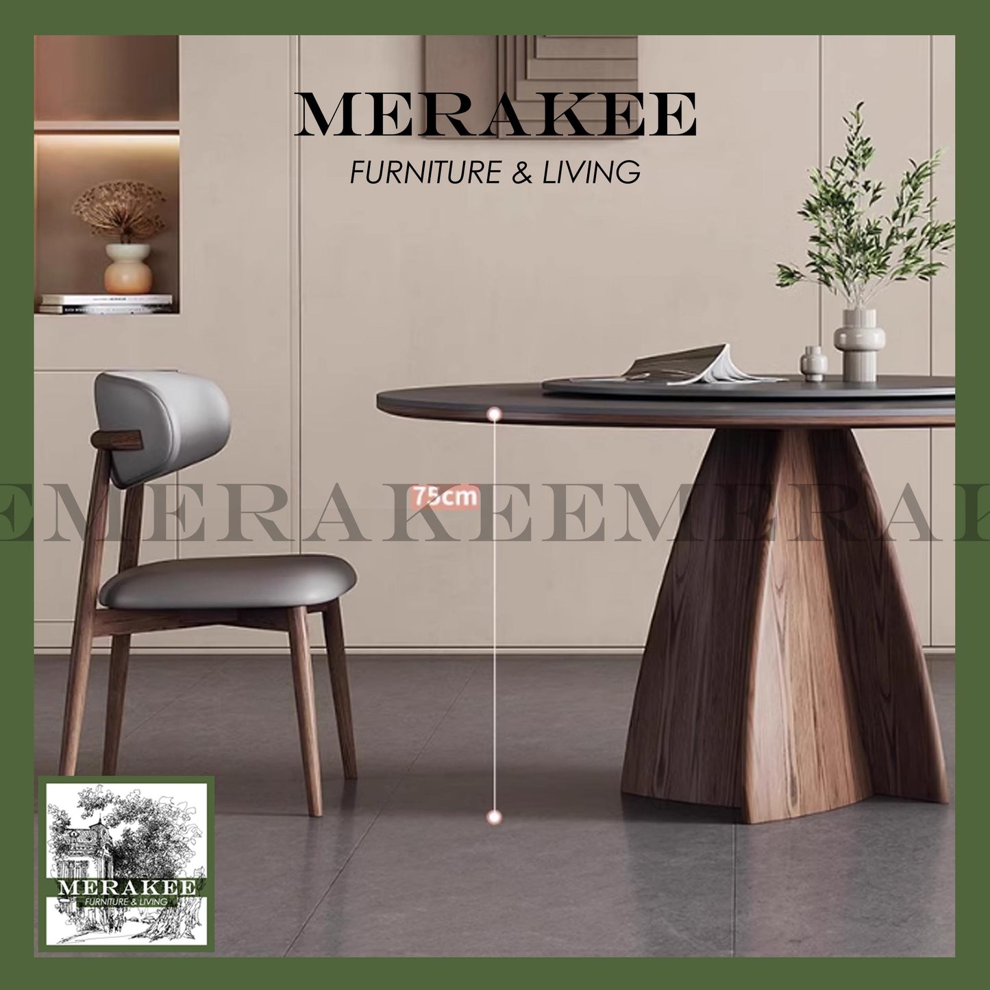 MERAKEE Customized Marble Like Sintered Stone Round With Lazy Susan Solid Ashwood Leg Dining Table Dining Room Furniture AW18