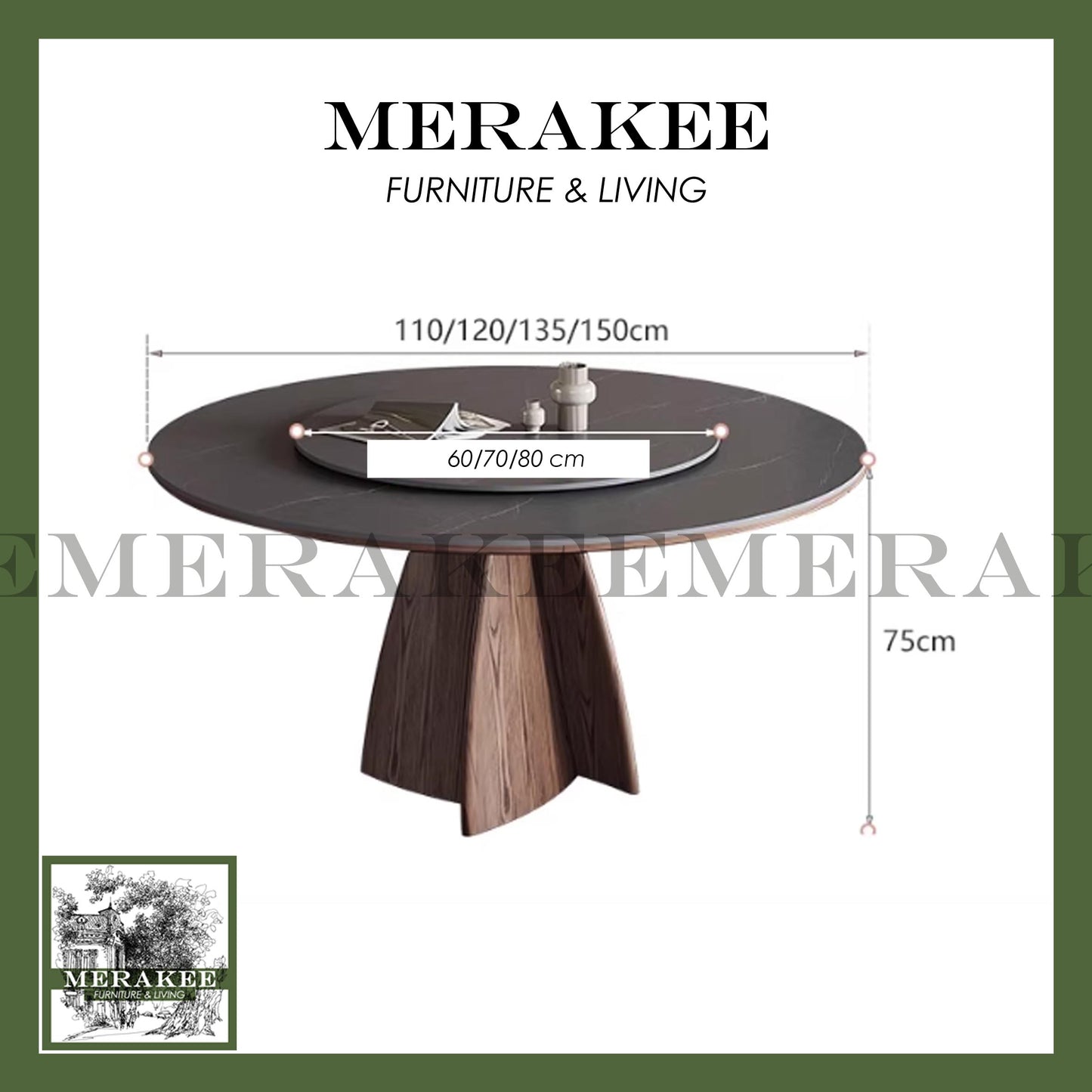 MERAKEE Customized Marble Like Sintered Stone Round With Lazy Susan Solid Ashwood Leg Dining Table Dining Room Furniture AW18