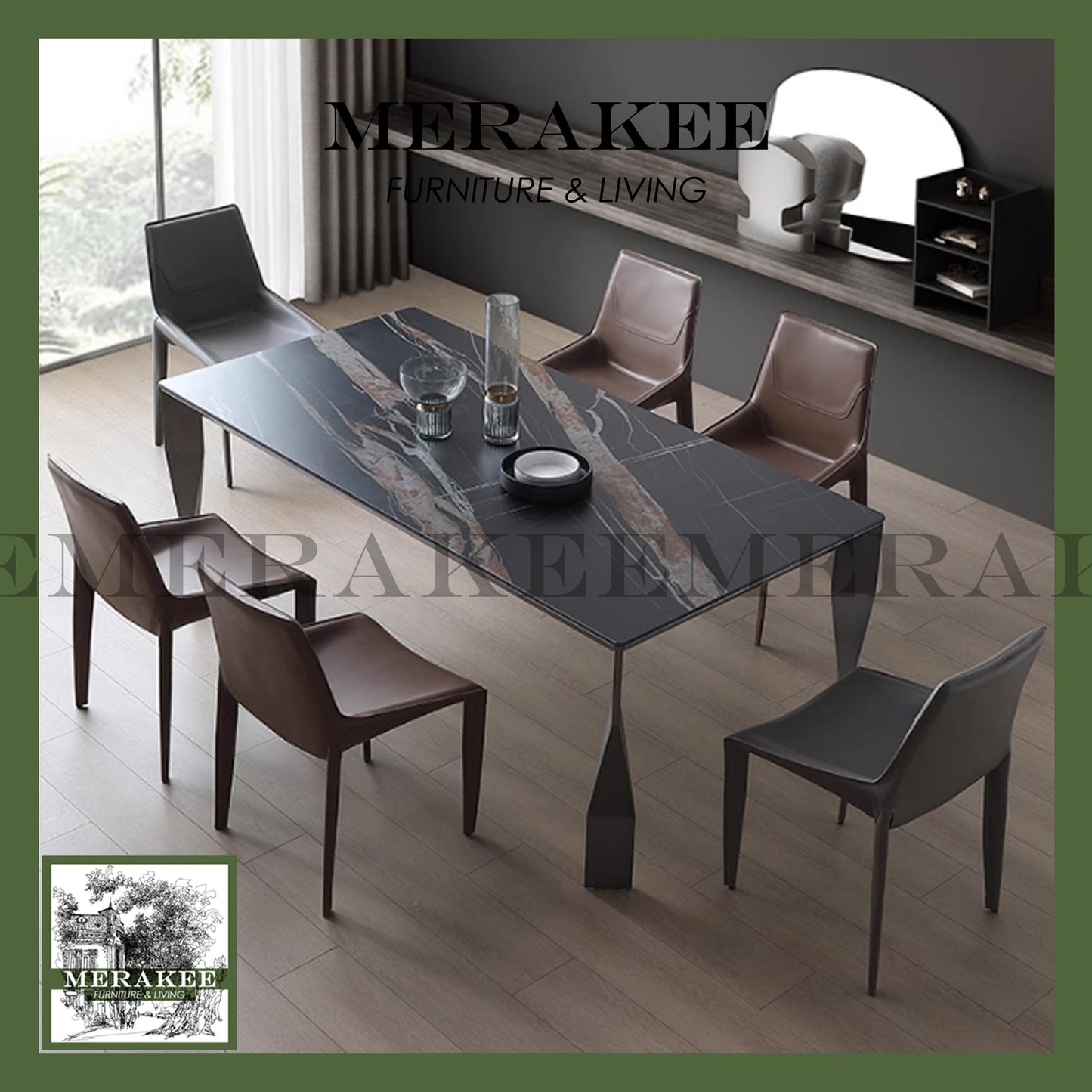 MERAKEE Customized Marble Like Sintered Stone Dining Table Black/White/Grey Aluminium Alloy Leg Dining Room Furniture F221