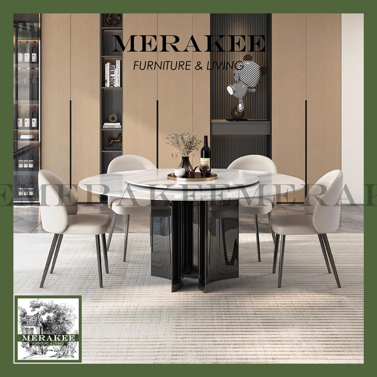MERAKEE Sintered Stone Dining Table With Lazy Susan Customization Color Tabletop Stainless Steel Leg Dining Room Furniture PV49