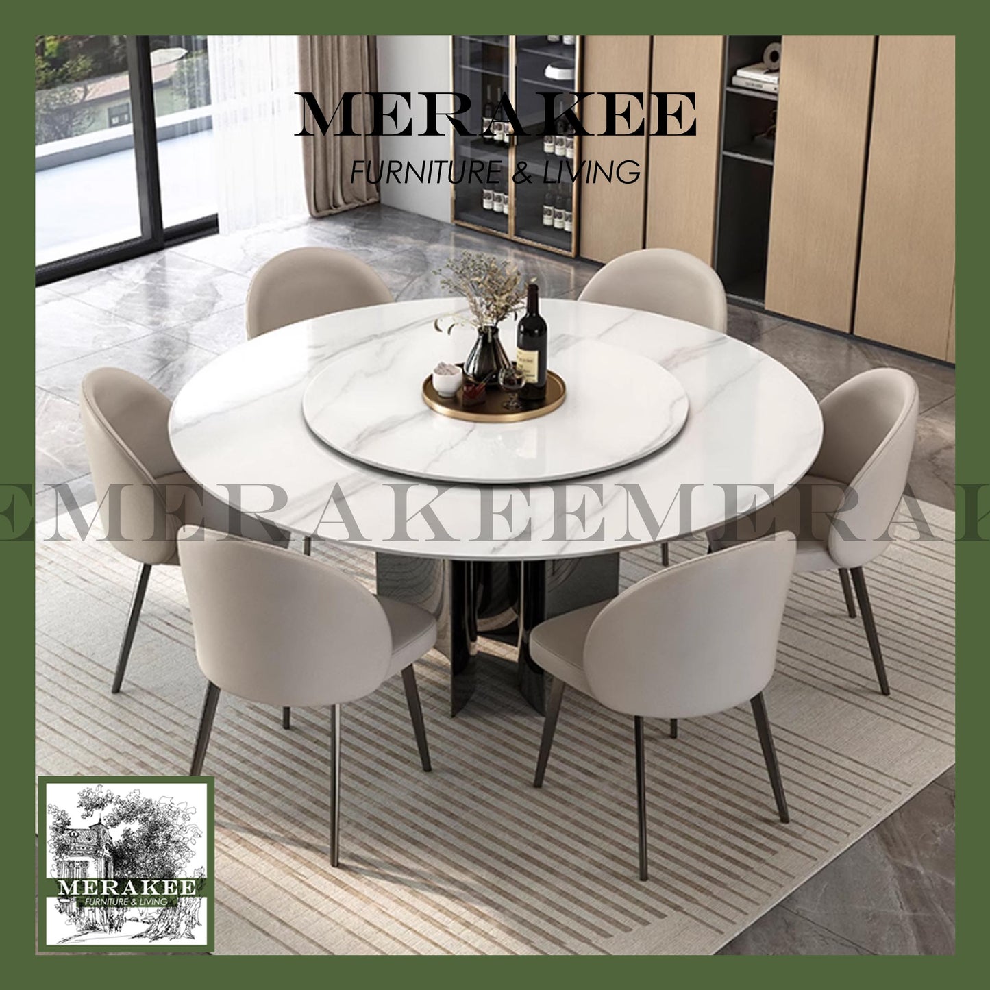 MERAKEE Sintered Stone Dining Table With Lazy Susan Customization Color Tabletop Stainless Steel Leg Dining Room Furniture PV49