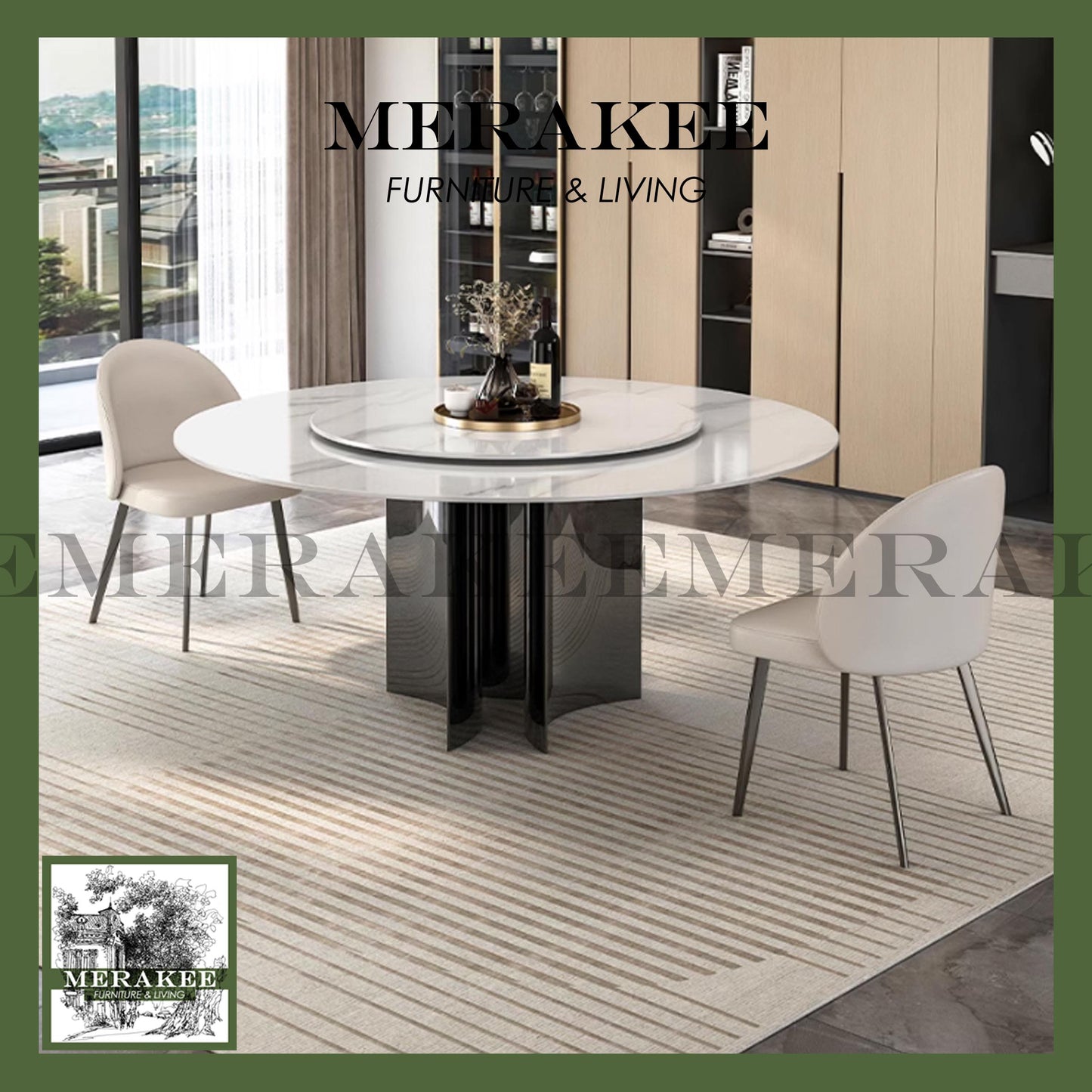 MERAKEE Sintered Stone Dining Table With Lazy Susan Customization Color Tabletop Stainless Steel Leg Dining Room Furniture PV49
