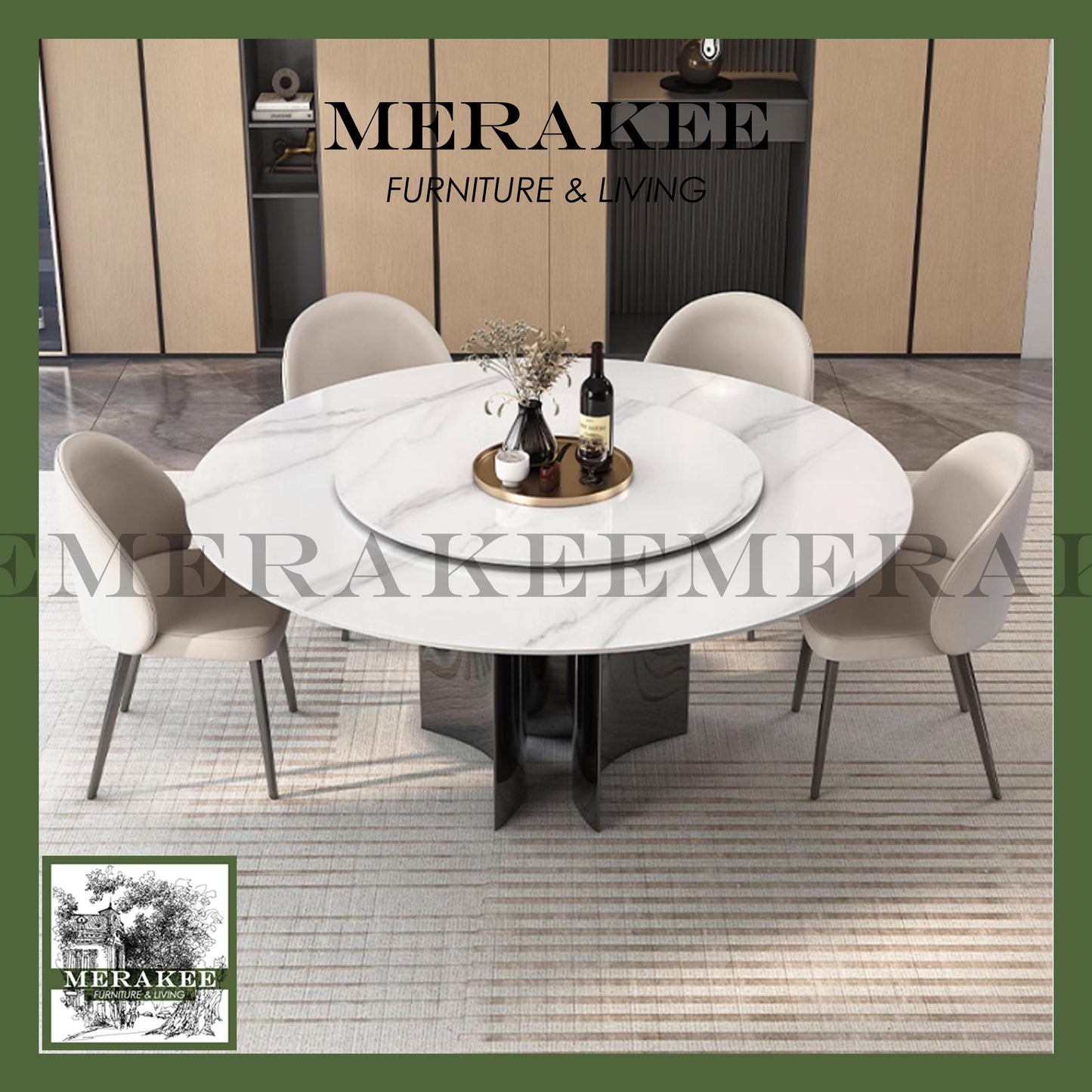 MERAKEE Sintered Stone Dining Table With Lazy Susan Customization Color Tabletop Stainless Steel Leg Dining Room Furniture PV49