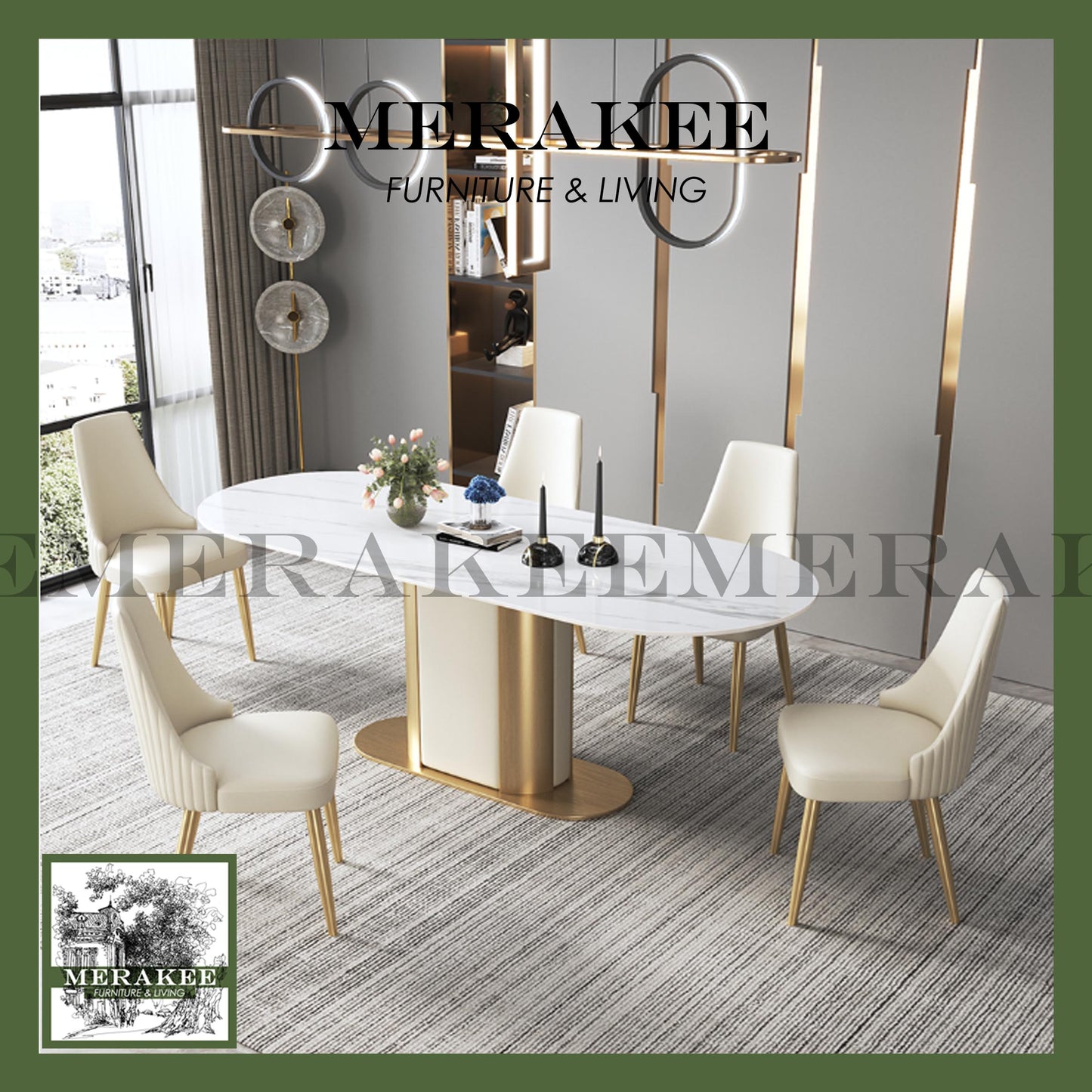 MERAKEE Dining Chair PU Leather Solid Wood Frame Gold Leg Dining Room Furniture JCY30