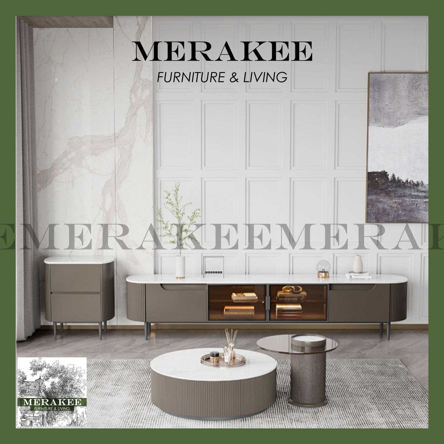 MERAKEE Marble Like Sintered Stone TV Console Cabinet Coffee Table Set Living Room Furniture DS768