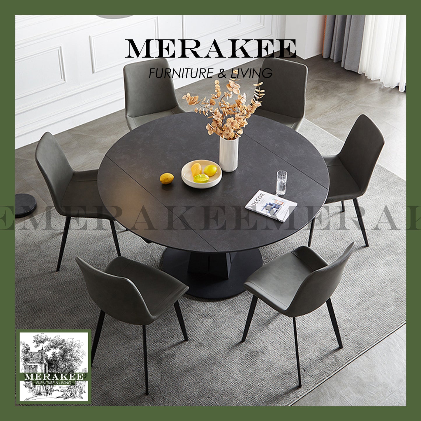 MERAKEE Customized Extendable Turning Round Marble Like Sintered Stone Dining Table Dining Room Furniture F36