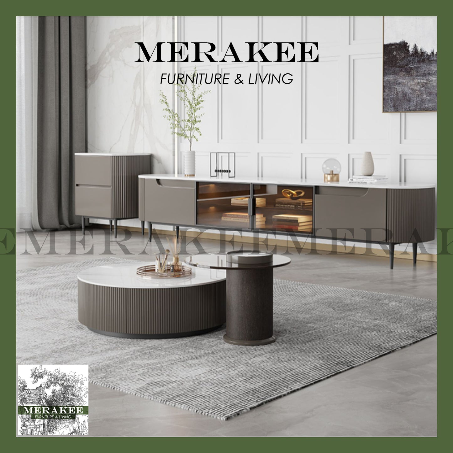 MERAKEE Marble Like Sintered Stone TV Console Cabinet Coffee Table Set Living Room Furniture DS768