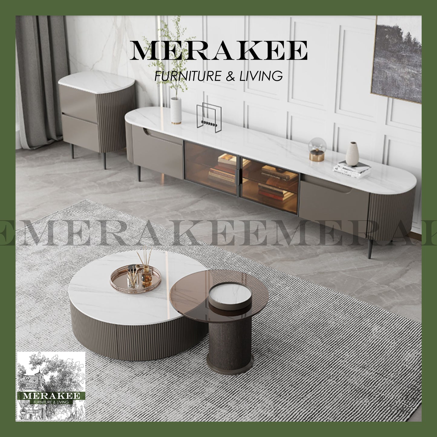 MERAKEE Marble Like Sintered Stone TV Console Cabinet Coffee Table Set Living Room Furniture DS768