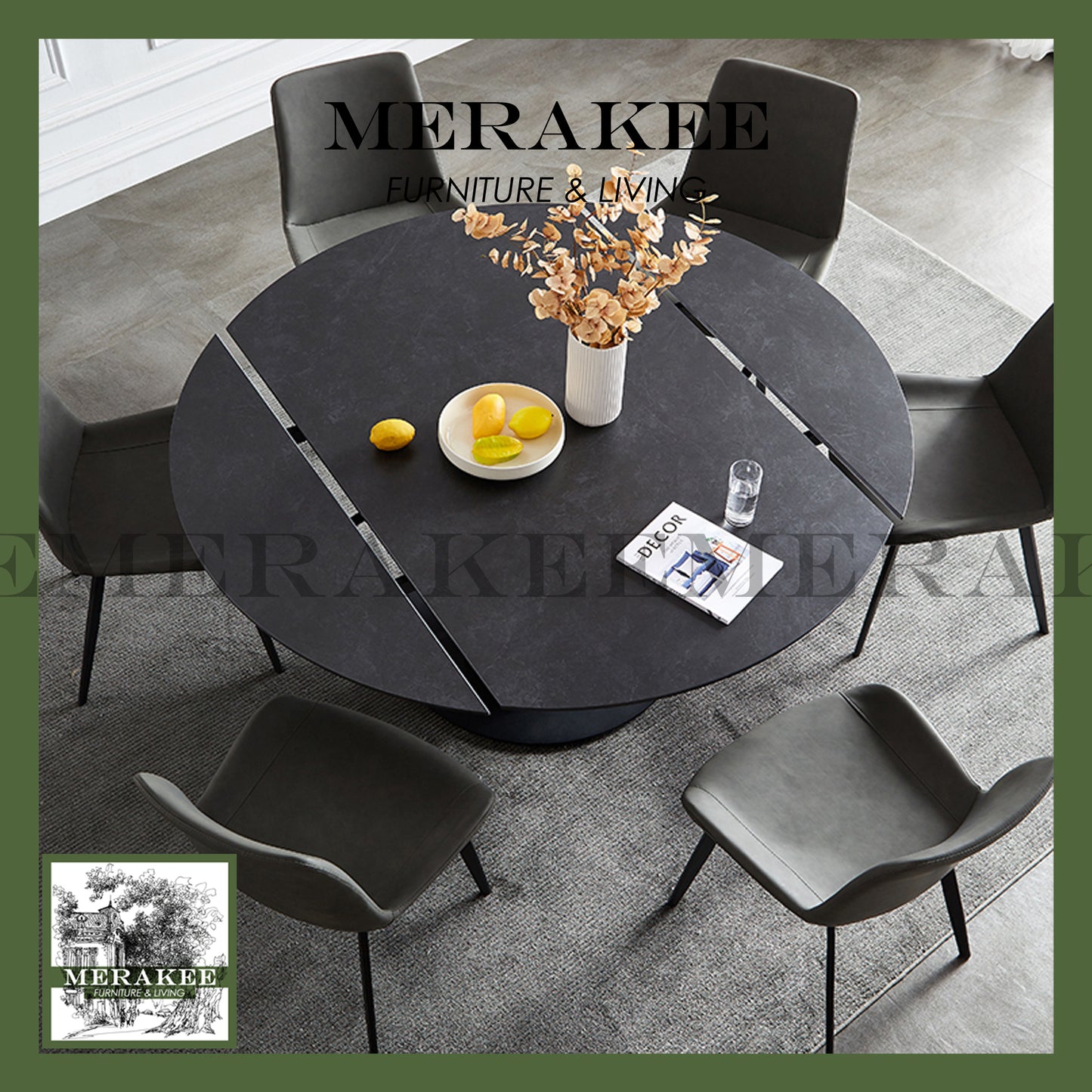 MERAKEE Customized Extendable Turning Round Marble Like Sintered Stone Dining Table Dining Room Furniture F36