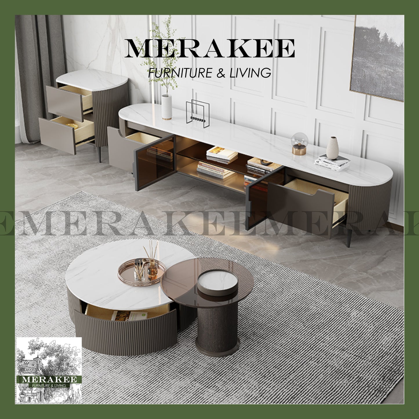 MERAKEE Marble Like Sintered Stone TV Console Cabinet Coffee Table Set Living Room Furniture DS768