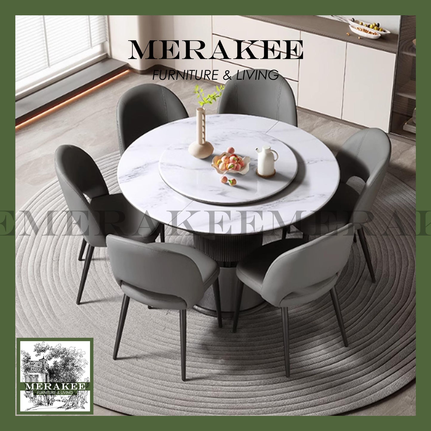 MERAKEE Extendable Round To Oval Customized Color Sintered Stone Marble Like Dining Table With Lazy Susan Dining Room Furniture F40