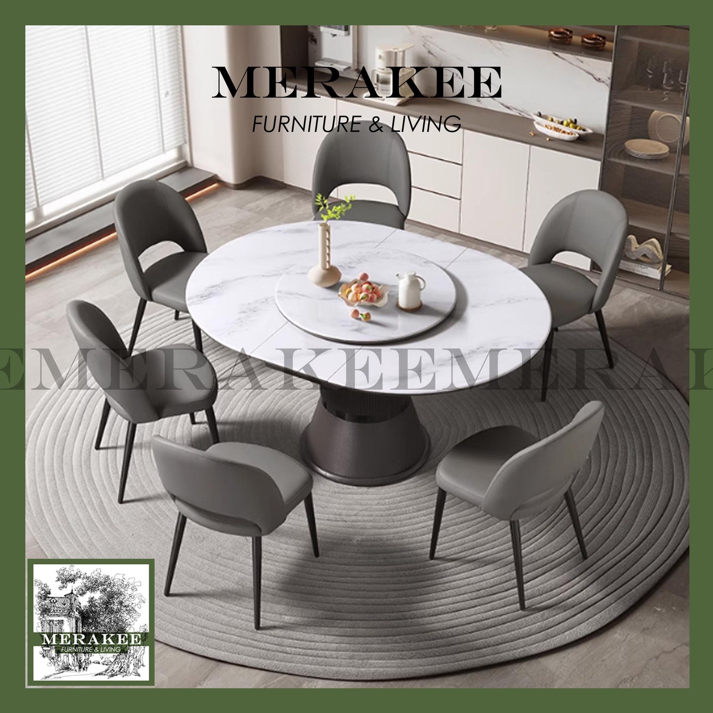 MERAKEE Extendable Round To Oval Customized Color Sintered Stone Marble Like Dining Table With Lazy Susan Dining Room Furniture F40