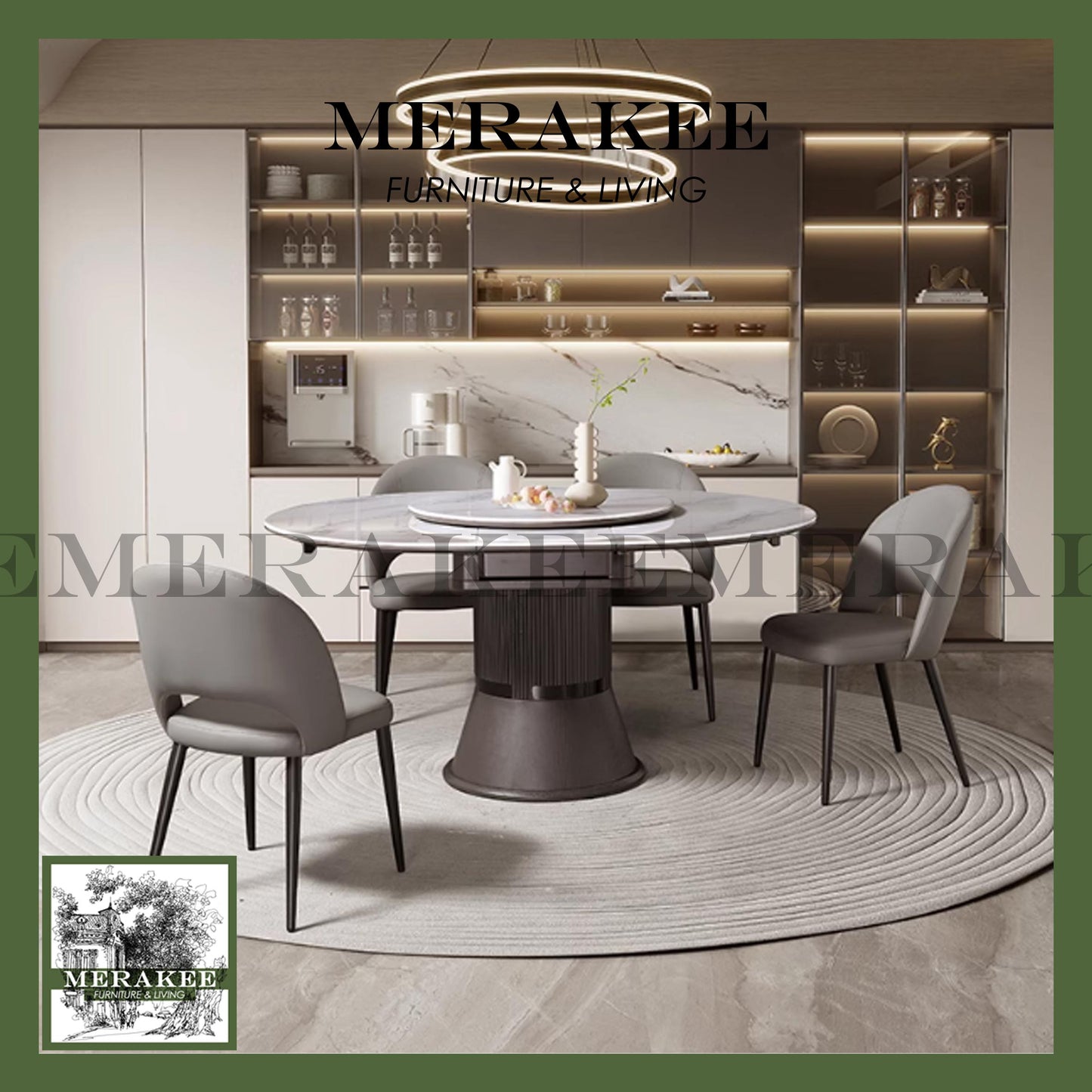 MERAKEE Extendable Round To Oval Customized Color Sintered Stone Marble Like Dining Table With Lazy Susan Dining Room Furniture F40