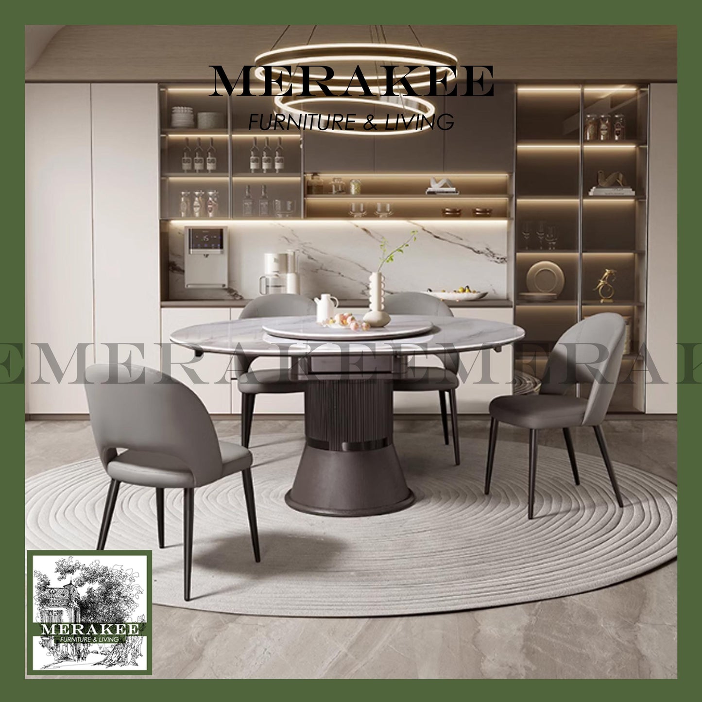 MERAKEE Extendable Round To Oval Customized Color Sintered Stone Marble Like Dining Table With Lazy Susan Dining Room Furniture F40