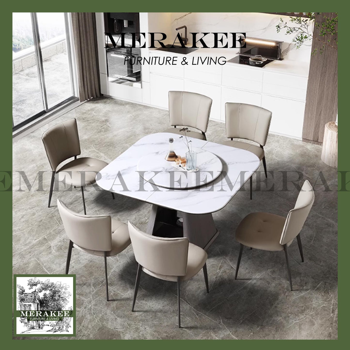 MERAKEE Extendable Square/Round To Oval Customized Color Sintered Stone Marble Like Dining Table With Lazy Susan Dining Room Furniture F42