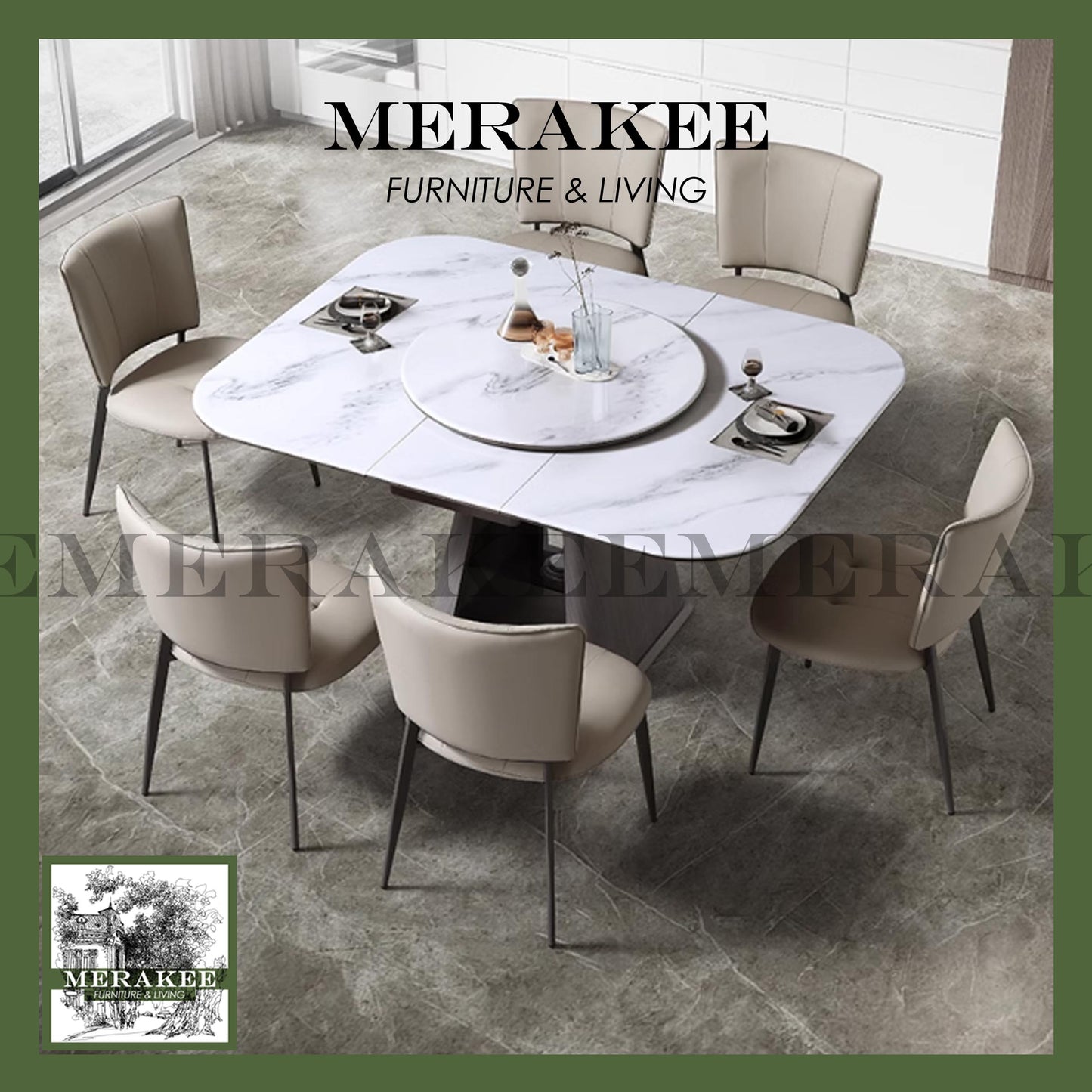 MERAKEE Extendable Square/Round To Oval Customized Color Sintered Stone Marble Like Dining Table With Lazy Susan Dining Room Furniture F42