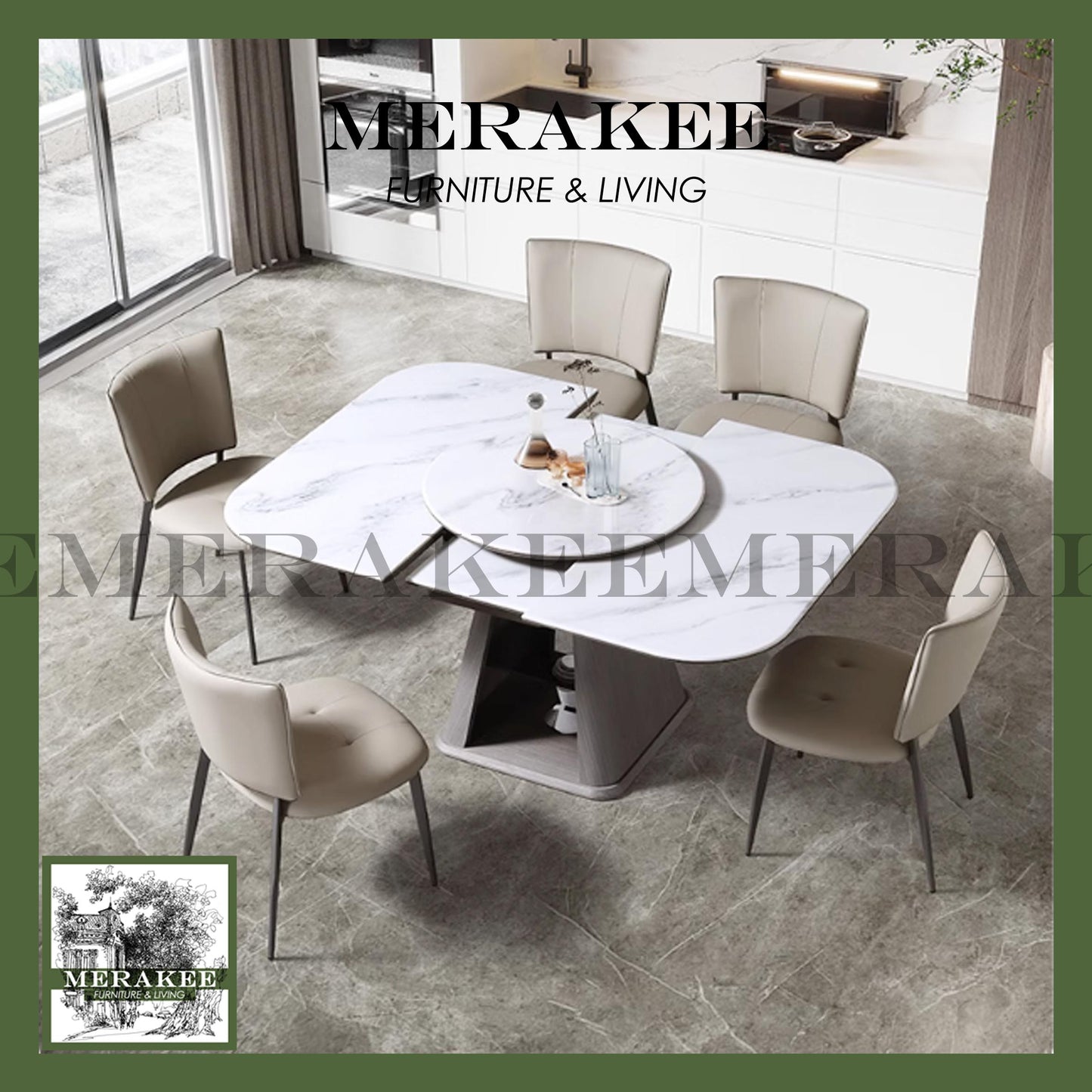 MERAKEE Extendable Square/Round To Oval Customized Color Sintered Stone Marble Like Dining Table With Lazy Susan Dining Room Furniture F42