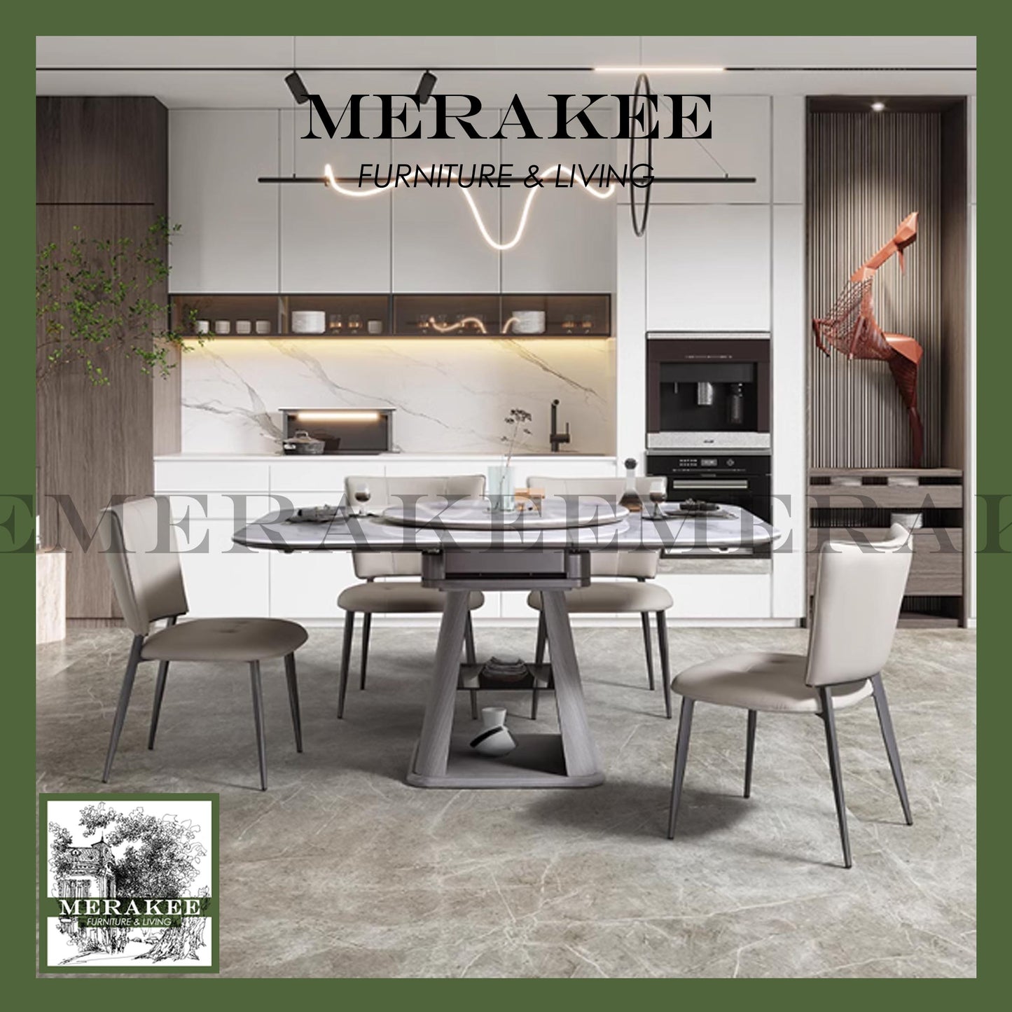 MERAKEE Extendable Square/Round To Oval Customized Color Sintered Stone Marble Like Dining Table With Lazy Susan Dining Room Furniture F42