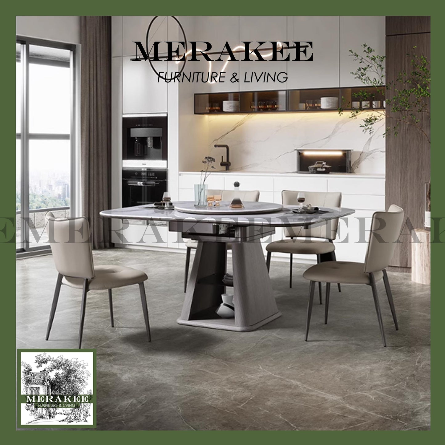 MERAKEE Extendable Square/Round To Oval Customized Color Sintered Stone Marble Like Dining Table With Lazy Susan Dining Room Furniture F42