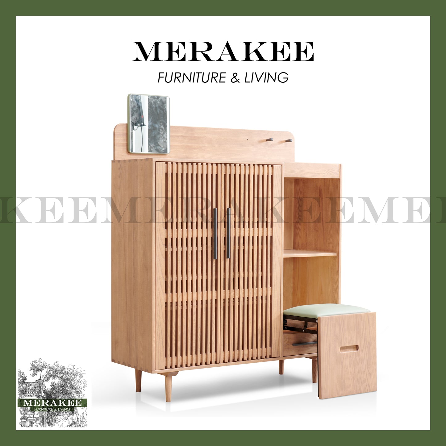 MERAKEE Shoe Cabinet with Foot Stool Solid Ashwood Organisation Furniture Shoe Storage Organizer