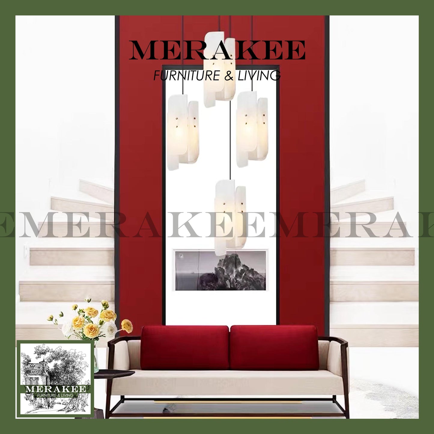 MERAKEE Copper Pendant Light With Natural Marble Ceiling Hanging Living Room Bedroom Dining Room Light QS-SC06