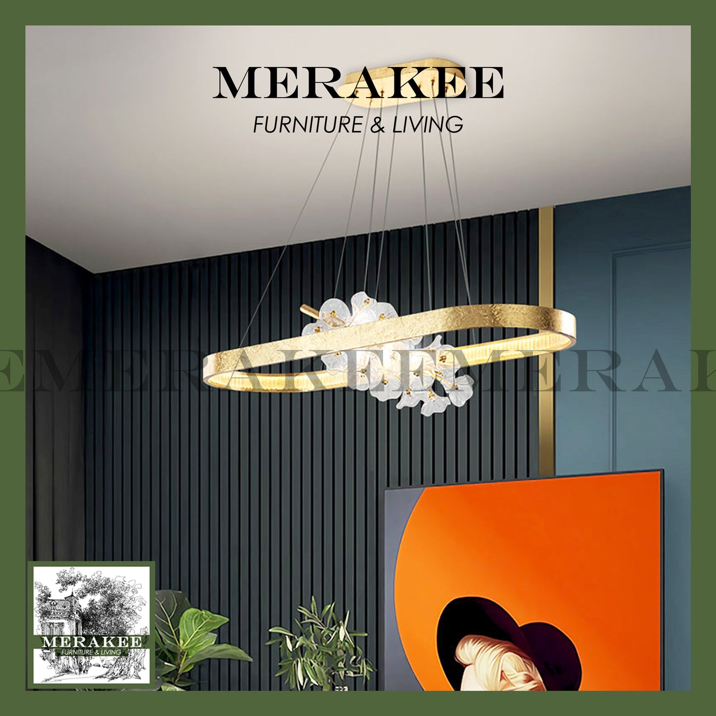 MERAKEE Pendant Light Chandelier Ceiling Hanging Glass Gold Living Room Bedroom Dining Room Light QS-CC01