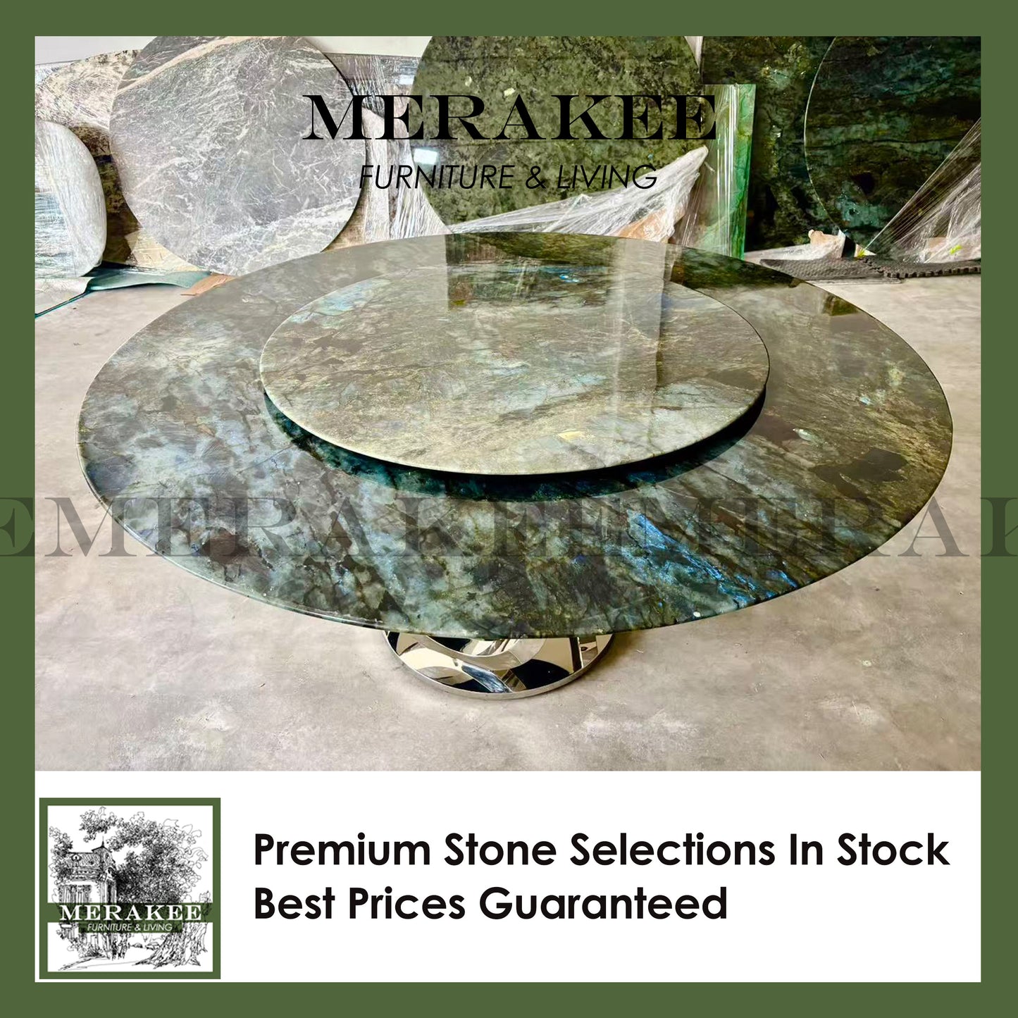 FINAL SALE! Dia1.8m Natural Brazilian Labradorite Marble "In Stock With Most Selections In Singapore" From Brazil Customization For Dining Coffee Side Table Feature Wall Granite Stone Real Marble - Blue Emerald