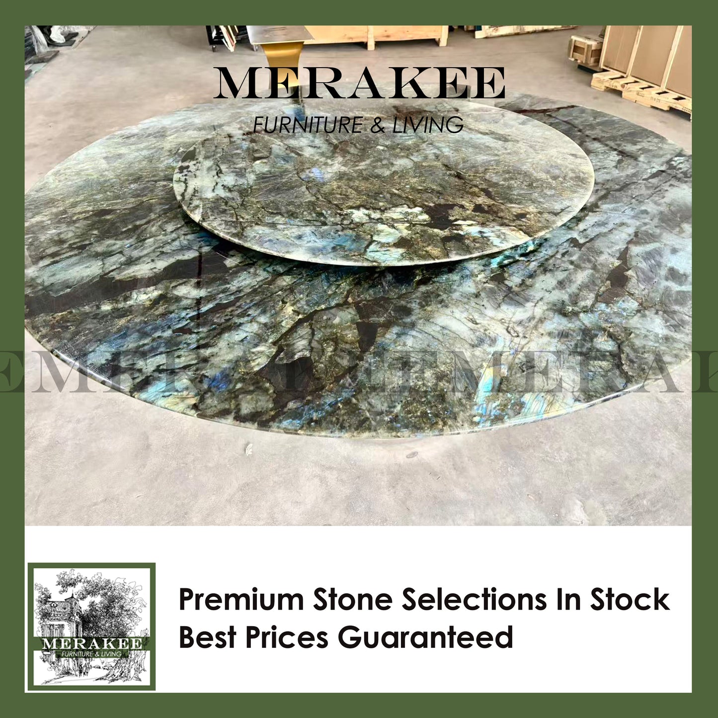 FINAL SALE! Dia1.8m Natural Brazilian Labradorite Marble "In Stock With Most Selections In Singapore" From Brazil Customization For Dining Coffee Side Table Feature Wall Granite Stone Real Marble - Blue Emerald