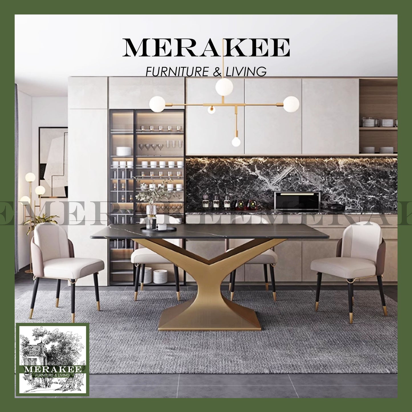 MERAKEE Customized Marble Like Sintered Stone Dining Table Gold Stainless Steel Dining Room Furniture PV34