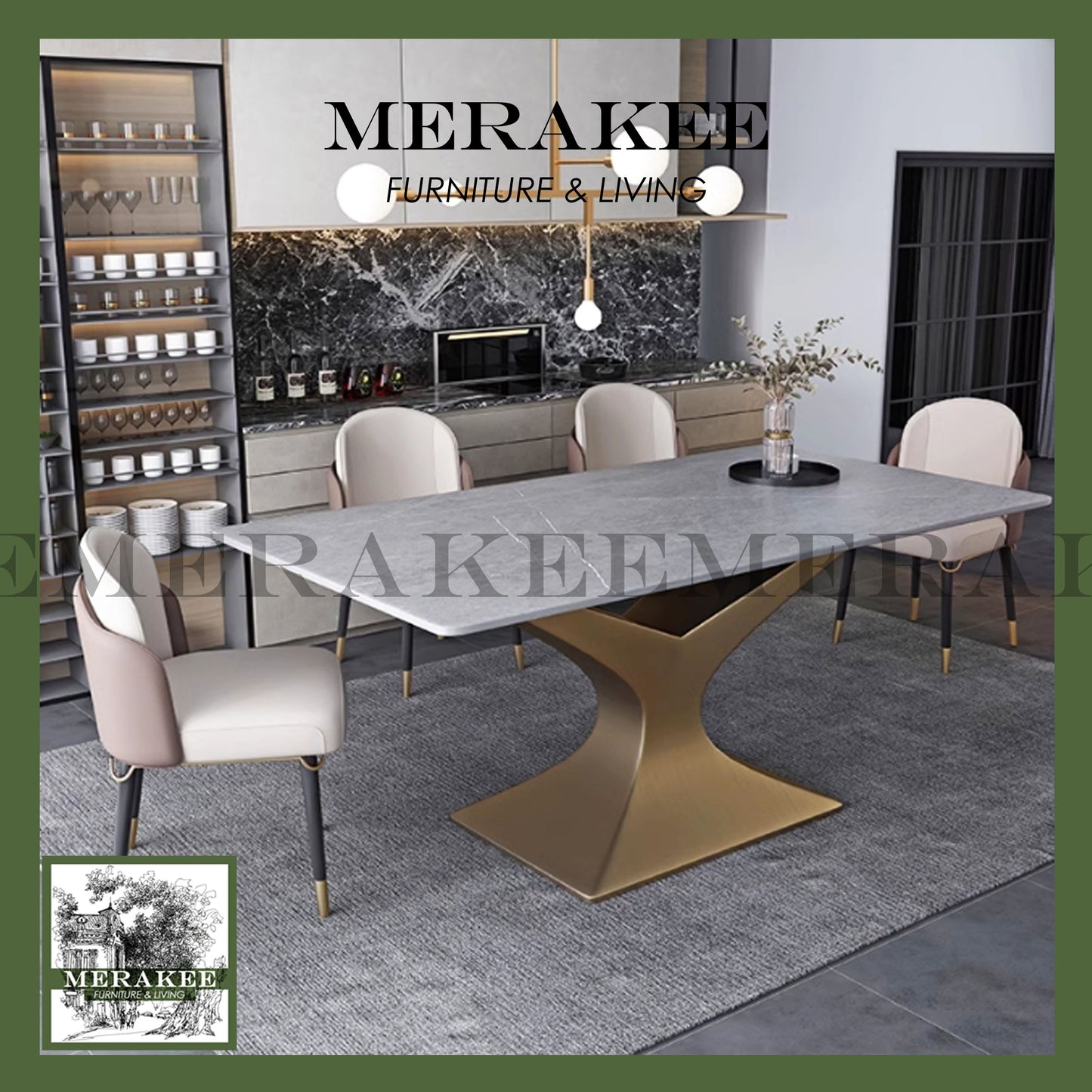 MERAKEE Customized Marble Like Sintered Stone Dining Table Gold Stainless Steel Dining Room Furniture PV34