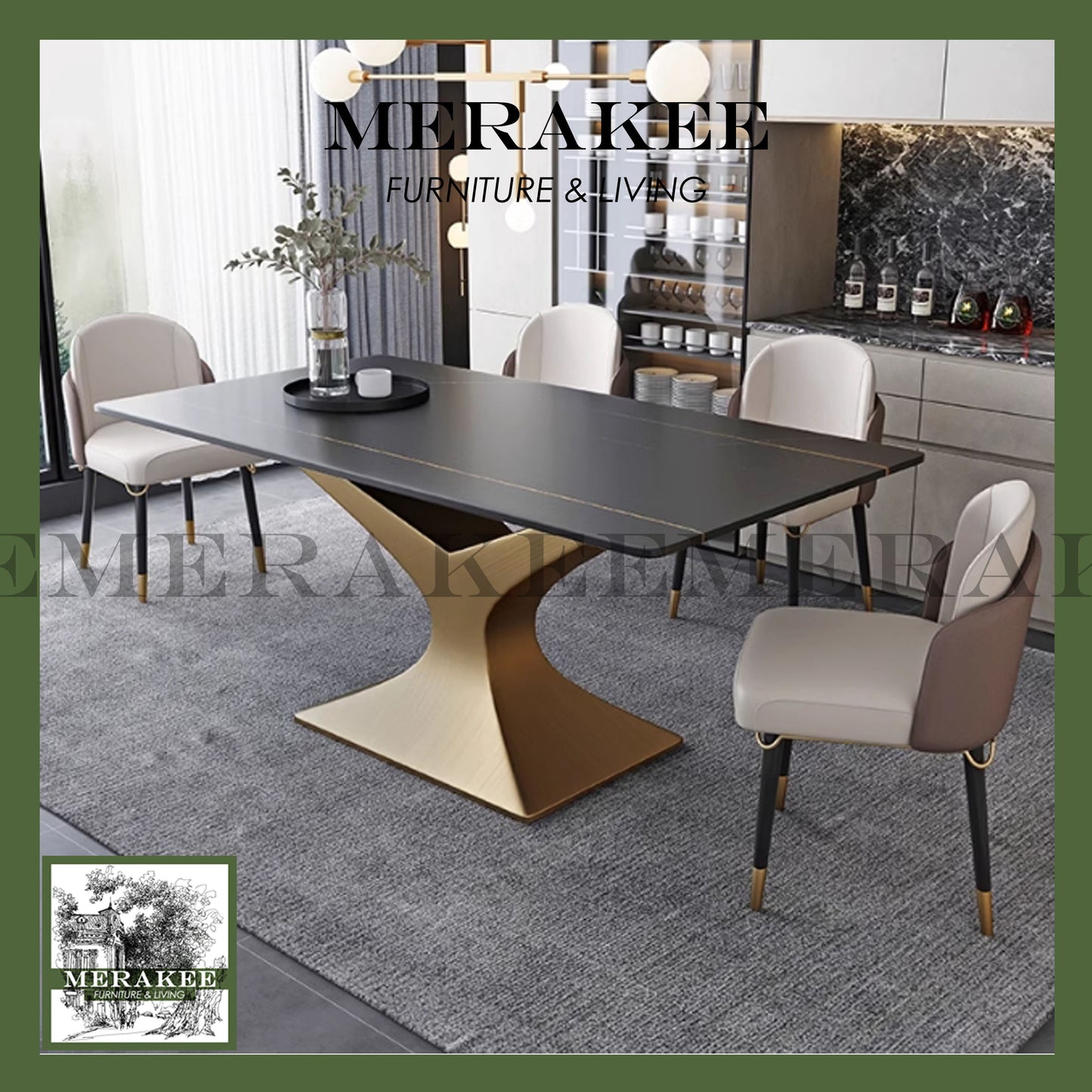 MERAKEE Customized Marble Like Sintered Stone Dining Table Gold Stainless Steel Dining Room Furniture PV34