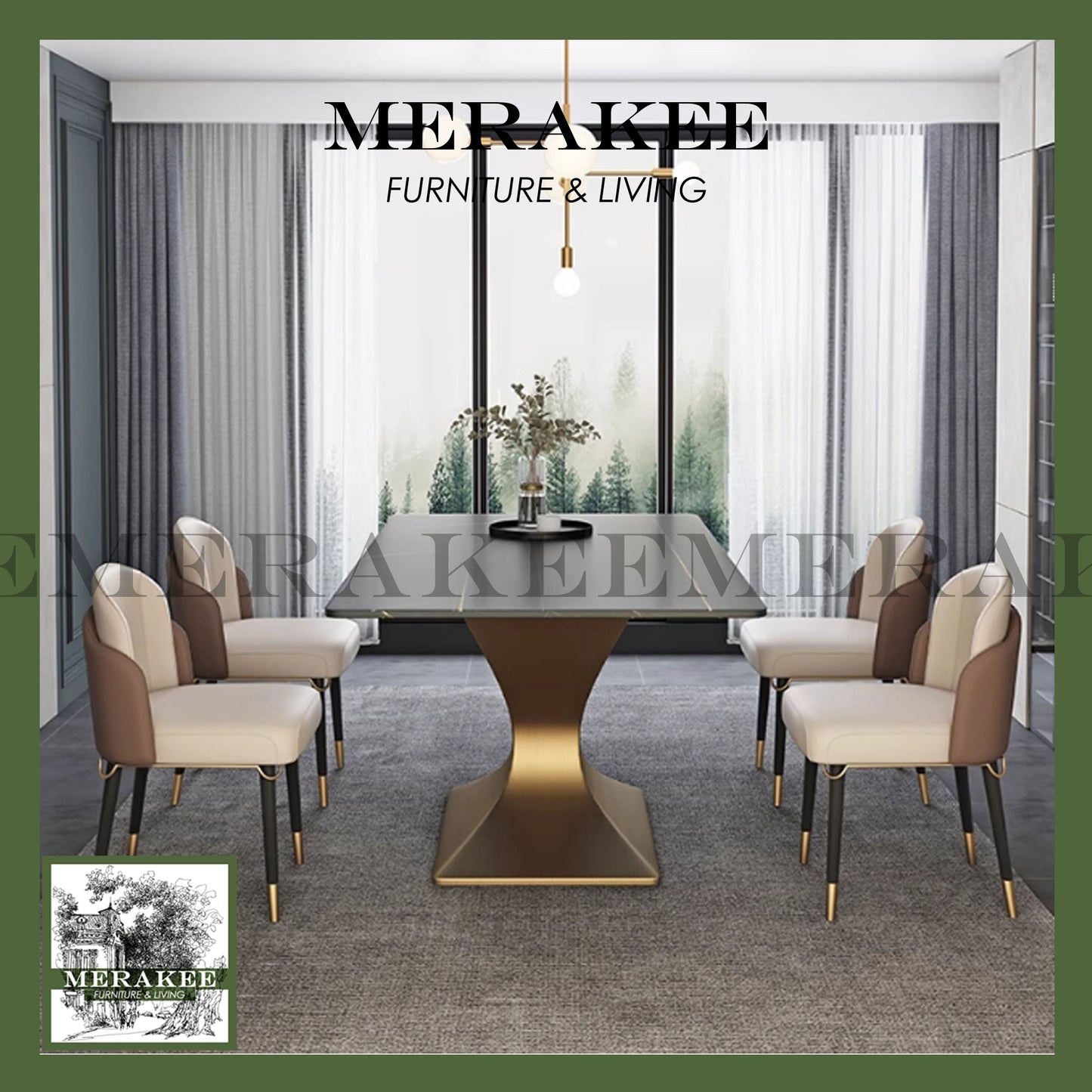 MERAKEE Customized Marble Like Sintered Stone Dining Table Gold Stainless Steel Dining Room Furniture PV34