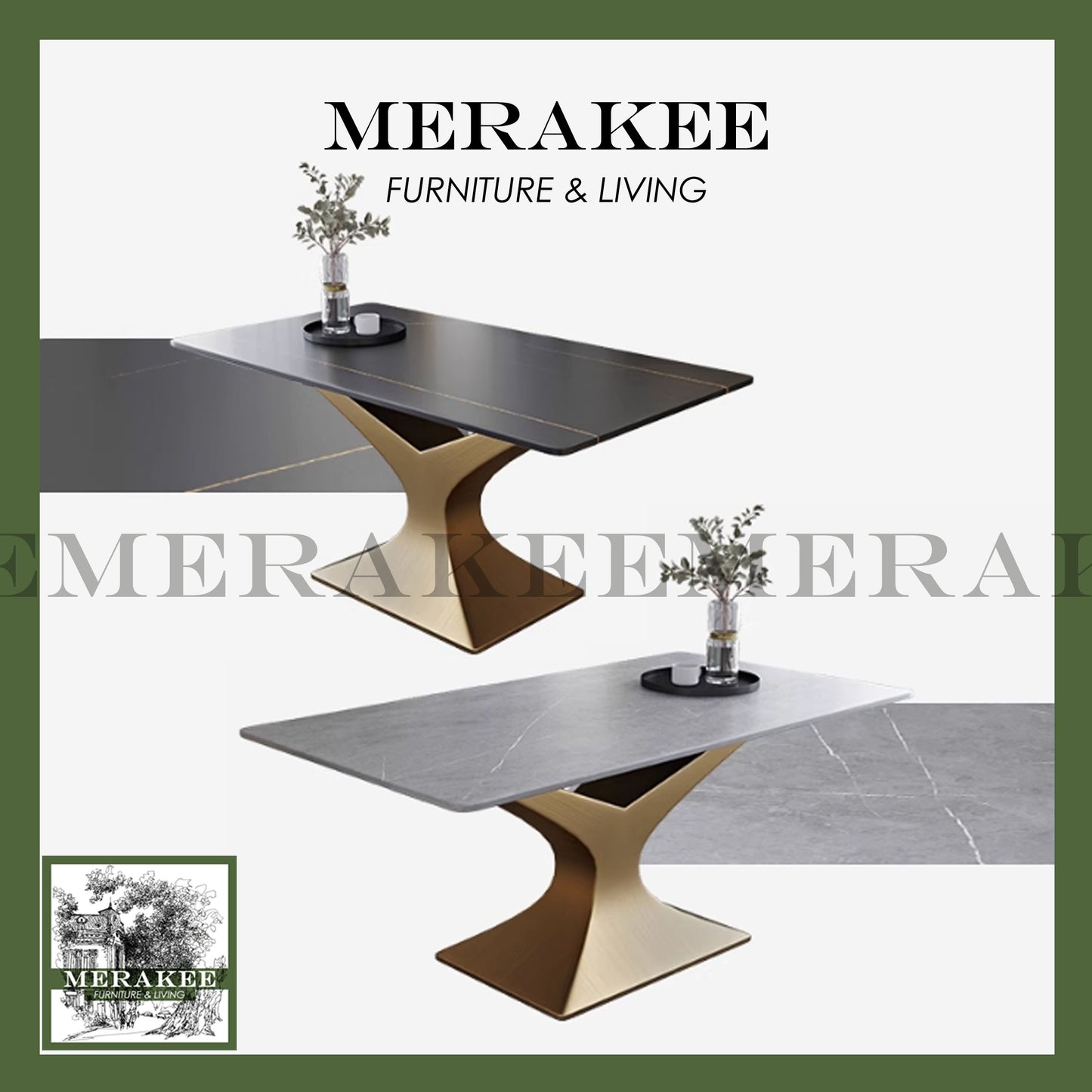 MERAKEE Customized Marble Like Sintered Stone Dining Table Gold Stainless Steel Dining Room Furniture PV34